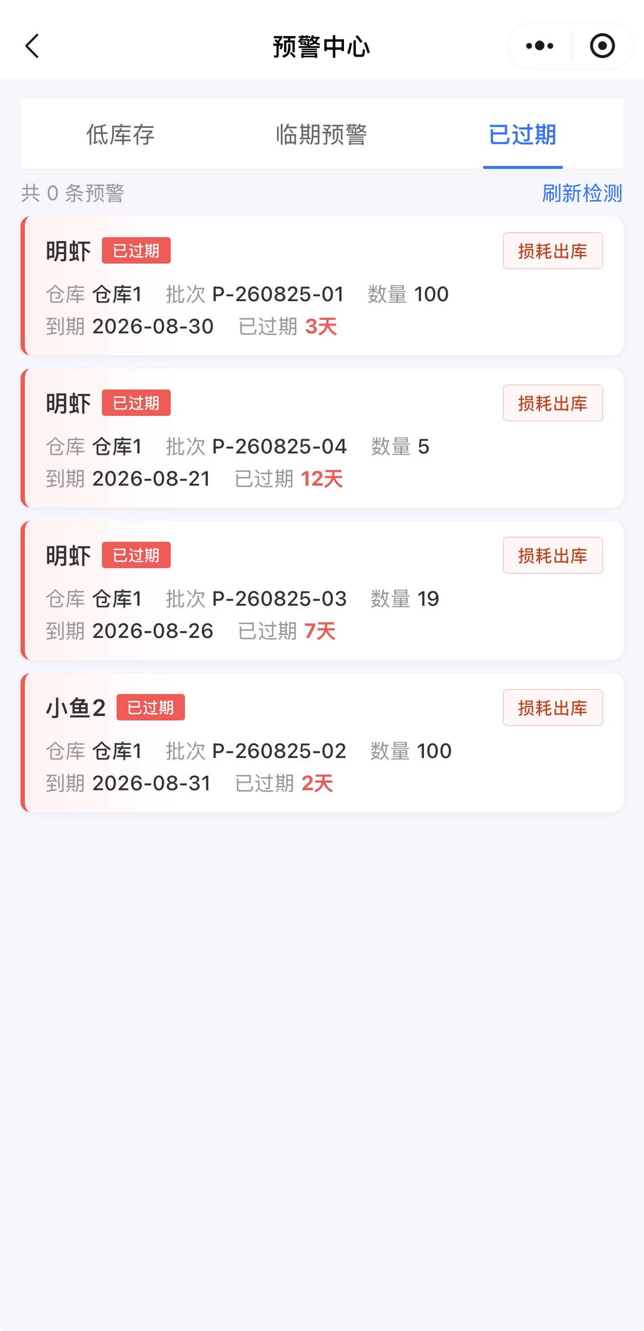 慧研库存云预警中心,展示低库存、临期预警和已过期提醒